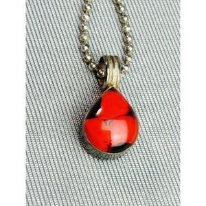 Red Teardrop Pendant on Chain .950 Necklace Metal Jewelry